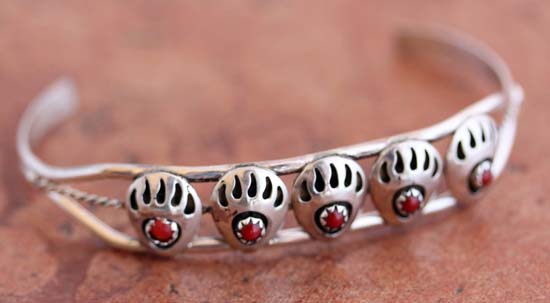 Navajo Sterling Silver Coral Bear Paw Bracelet