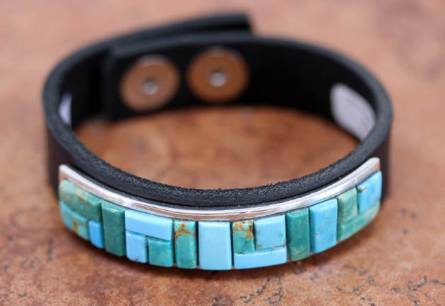 Navajo Silver Leather Turquoise Bracelet