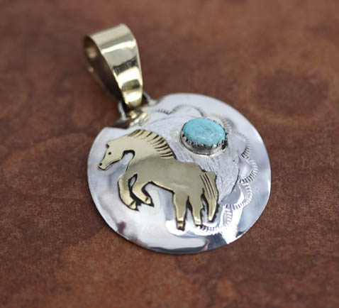 Navajo Sterling Silver Gold Turquoise Horse Pendant