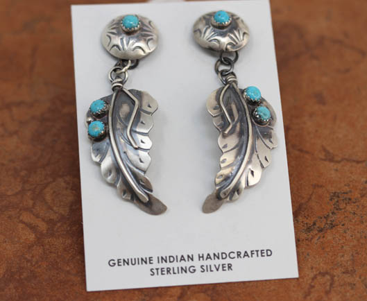 Navajo Silver Feather Turquoise Earrings