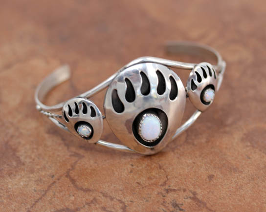 Navajo Sterling Silver Created Opal Bear Paw Bracelet