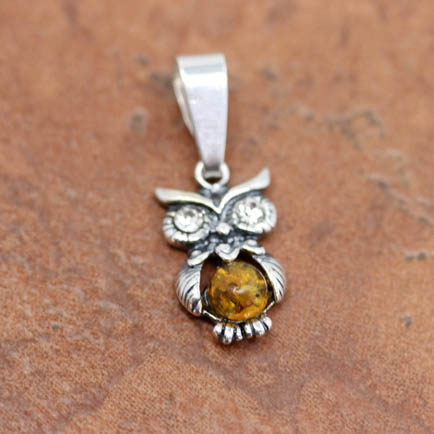 Sterling Silver Baltic Amber Owl Pendant