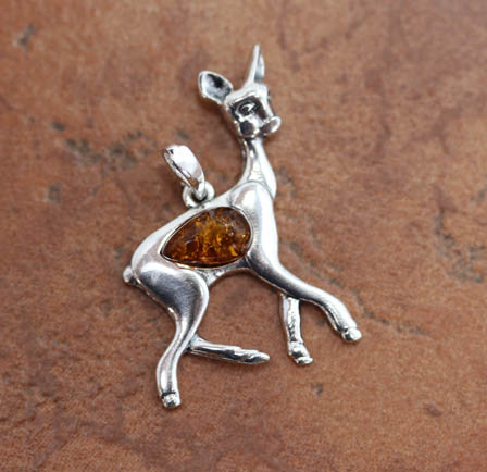 Sterling Silver Baltic Amber Deer Pendant