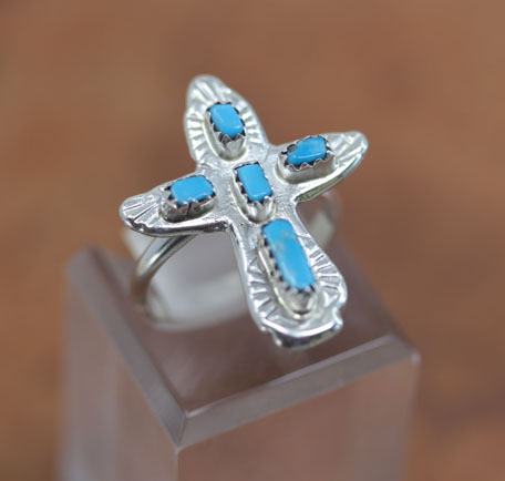 Zuni Silver Turquoise Cross Ring Size 8 1/2