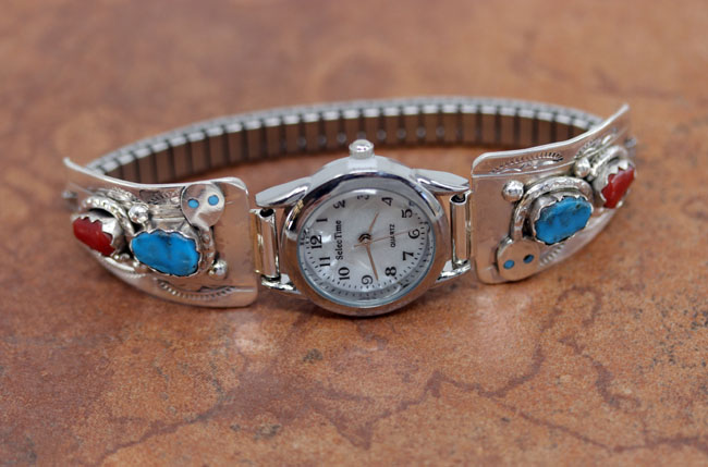 Zuni Silver Turquoise Coral Ladies Watch
