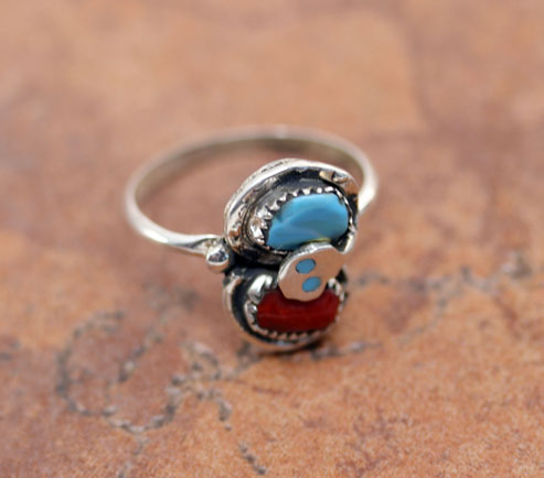 Zuni Silver Turquoise Coral Ring Size 9