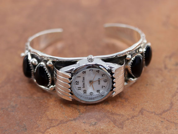 Navajo Silver Onyx Ladies Watch Bracelet