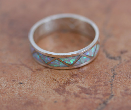 Navajo Silver Created Opal Wedding Ring Size 10