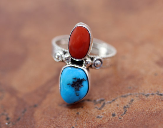 Navajo Silver Turquoise Coral Ring Size 8 1/2