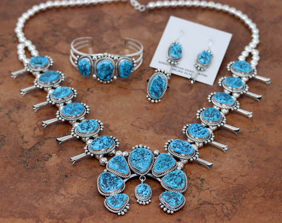 Navajo Squash Blossom Necklace and Earring Set - NativeIndianMade.com