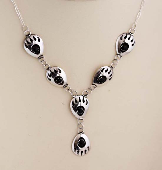 Navajo Silver Onyx Bear Paw Necklace