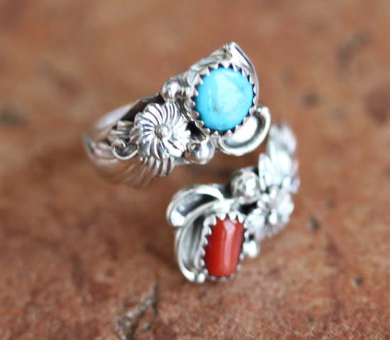 Navajo Silver Turquoise Coral Spoon Ring Size 6_9