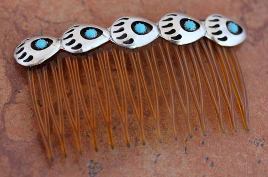 Navajo Turquoise Bear Paw Hair Barrette Comb
