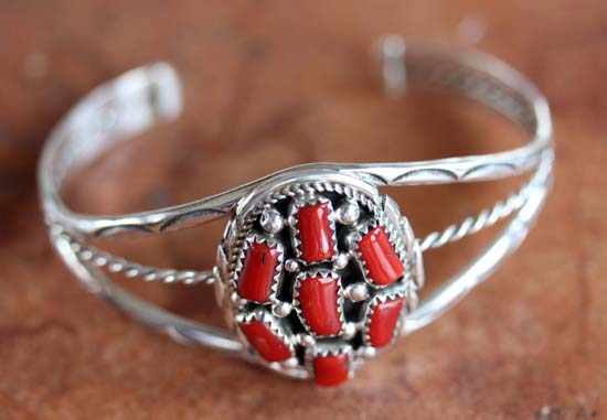 Navajo Sterling Silver Coral Bracelet