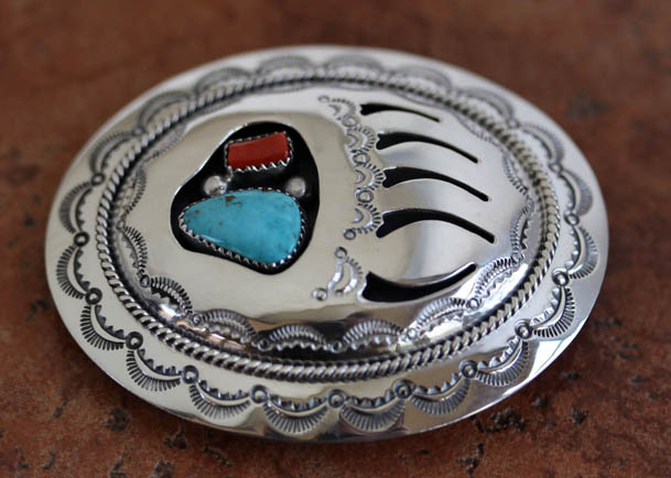 Navajo Silver Turquoise Coral Bear Paw Belt Buckle