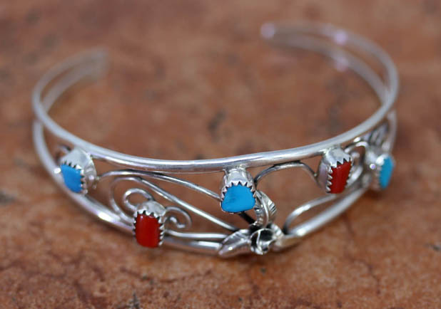 Navajo Silver Turquoise Coral Bracelet