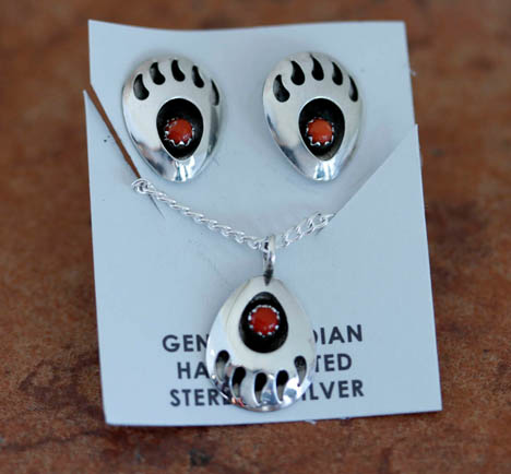 Navajo Coral Bear Paw Necklace and Earrings Set