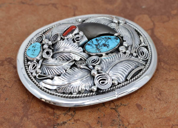 Navajo Silver Turquoise Coral Belt Buckle