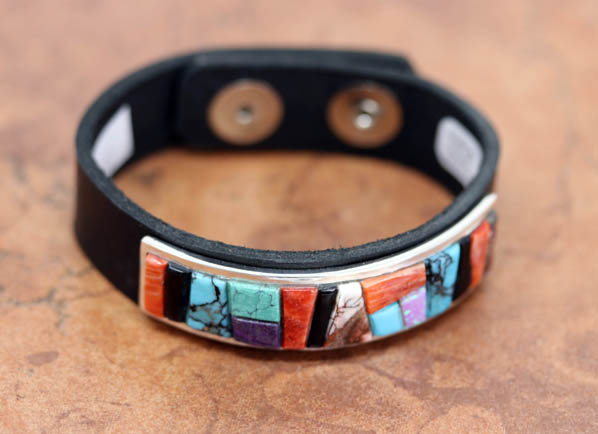 Navajo Silver Leather Multi_Stone Bracelet