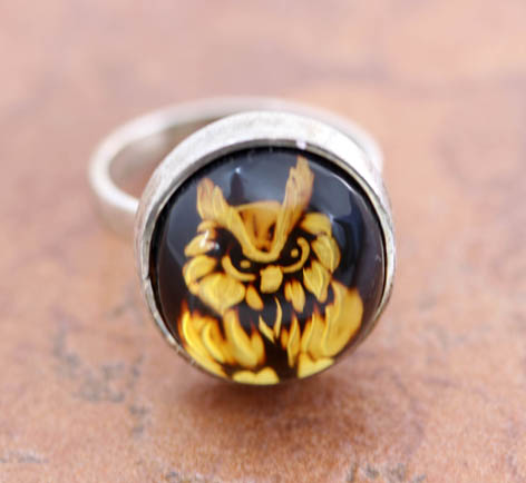 Sterling Baltic Amber Cameo Owl Ring Size 9_11