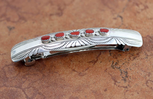 Navajo Silver Coral Hair Barrette