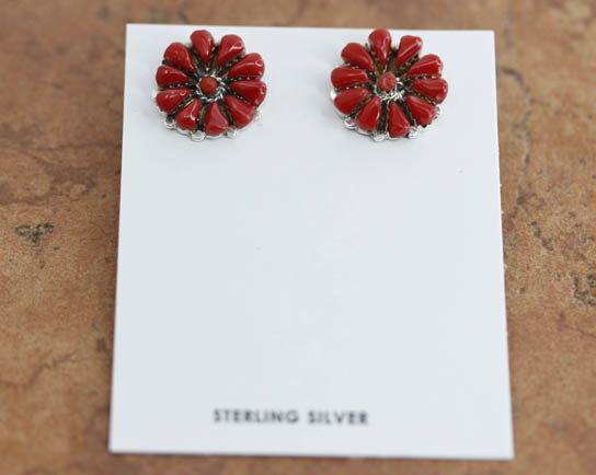 Navajo Sterling Coral Cluster Earrings