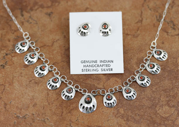 Navajo Coral Bear Paw Necklace and Earrings Set