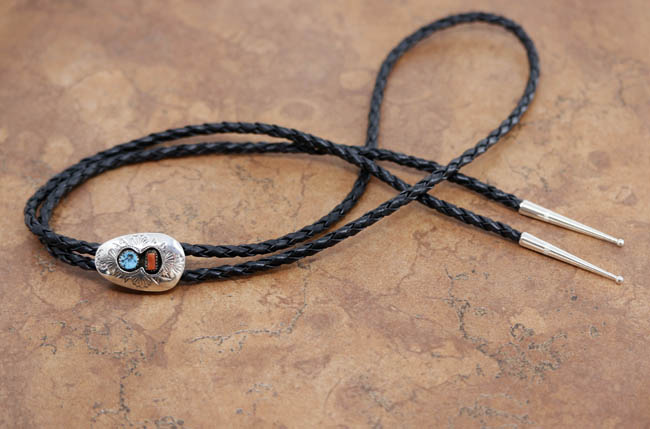 Navajo Silver Coral Turquoise Bolo Tie