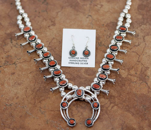 Navajo Coral Squash Blossom Necklace and Earring Set