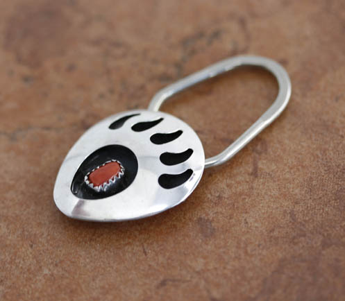 Navajo Silver Bear Paw Coral Key Chain