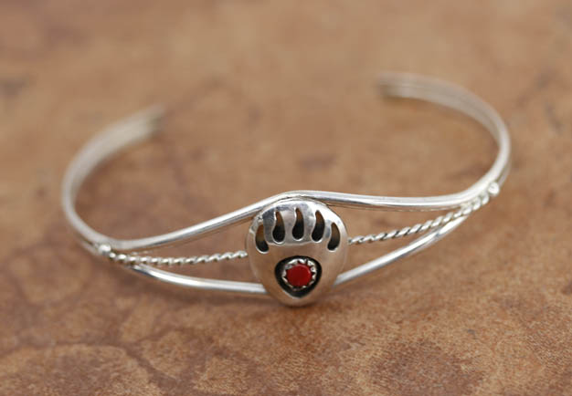 Navajo Sterling Silver Coral Bear Paw Bracelet