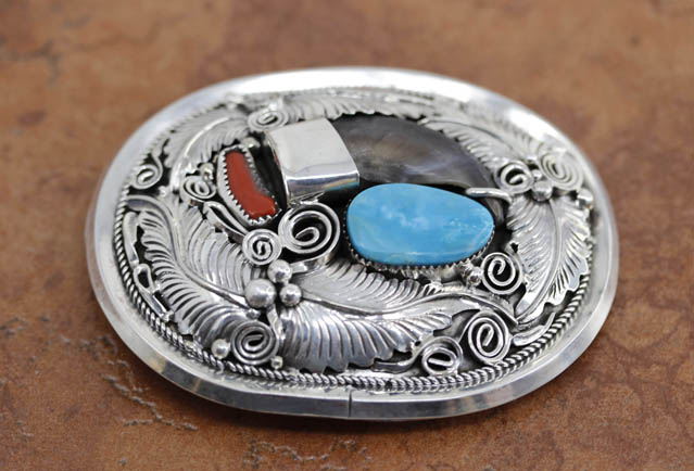 Navajo Silver Turquoise Coral Belt Buckle