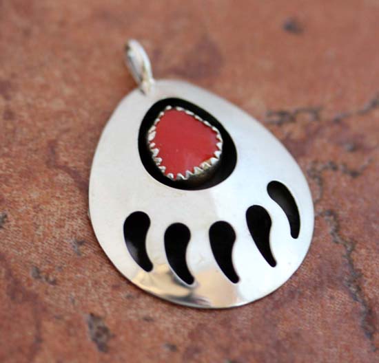 Navajo Silver Coral Bear Paw Pendant