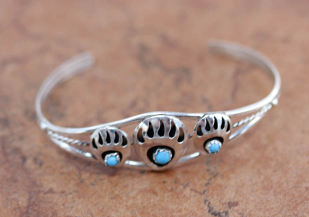 Navajo Sterling Silver Turquoise Bear Paw Bracelet