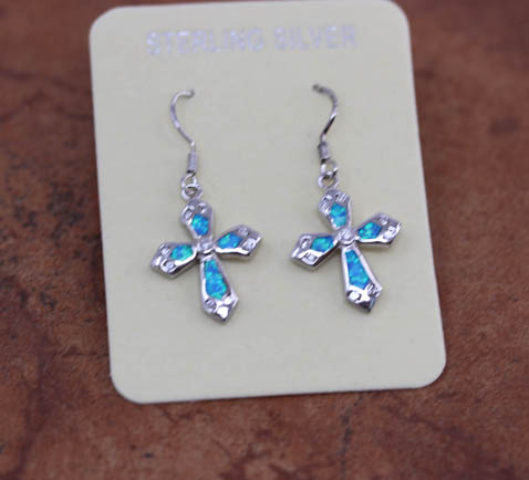 Silver Created Opal Cross Earrings
