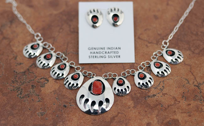 Navajo Coral Bear Paw Necklace Earrings Set