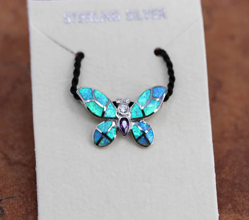Silver Created Opal Butterfly Pendant