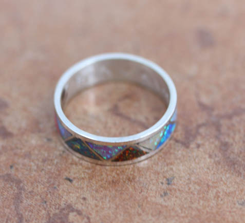 Zuni Silver Created Opal Ring Size 8 1/2