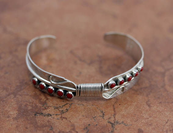 Navajo Sterling Silver Coral Feather Bracelet