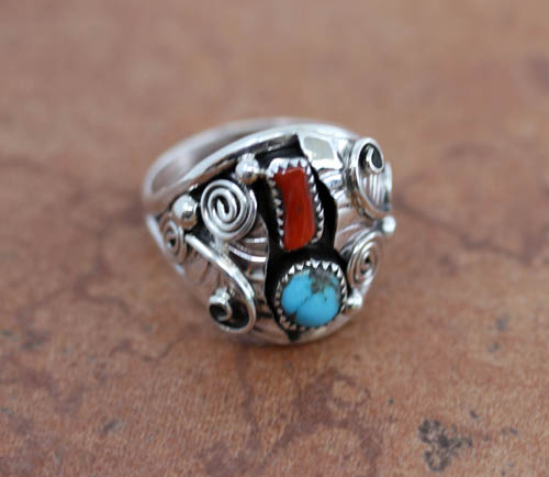 Navajo Silver Turquoise Coral Ring Size 12