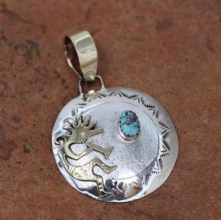 Navajo Silver Gold Turquoise Kokopelli Pendant