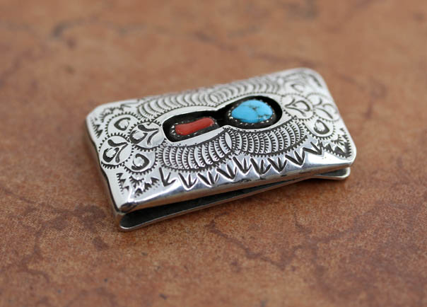 Navajo Silver Turquoise Coral Money Clip