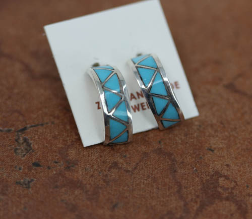 Zuni Silver Turquoise Hoop Earrings