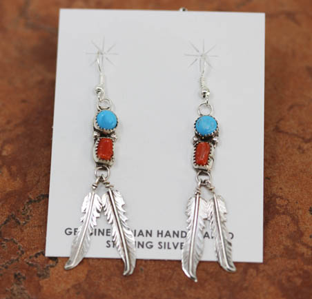 Navajo Silver Turquoise Coral Earrings