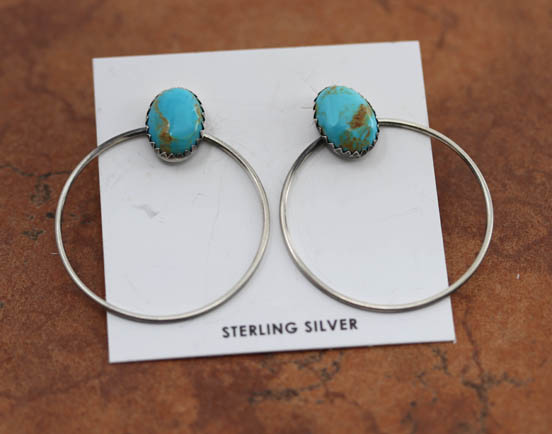 Navajo Sterling Silver Turquoise Hoop Earrings