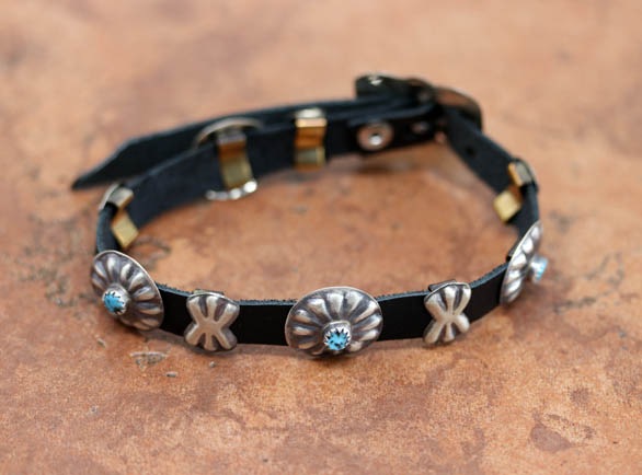 Navajo Leather Silver Turquoise Concho Bracelet