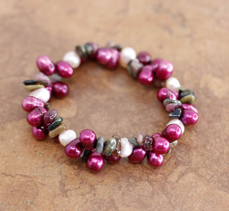 Beaded Jasper Cranberry Pearl Stretch Nugget Bracelet