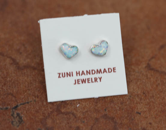 Zuni Silver Created Opal Heart Earrings
