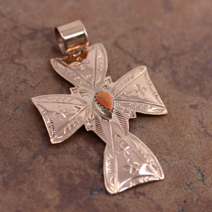 Navajo Copper Spiny Oyster Cross Pendant