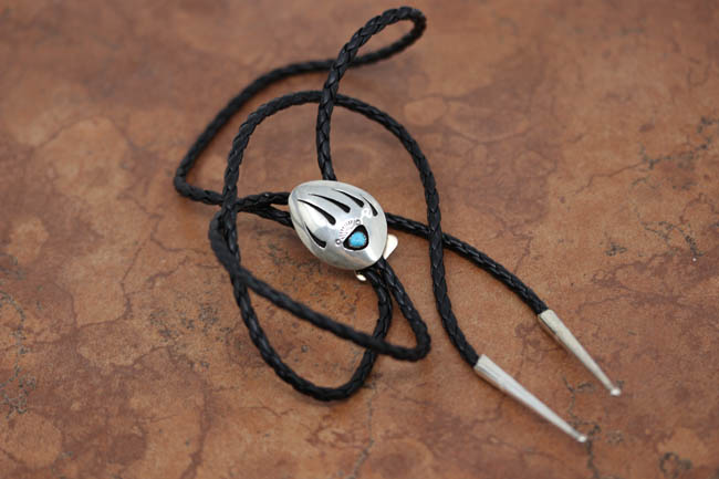 Navajo Silver Turquoise Bear Paw Bolo Tie